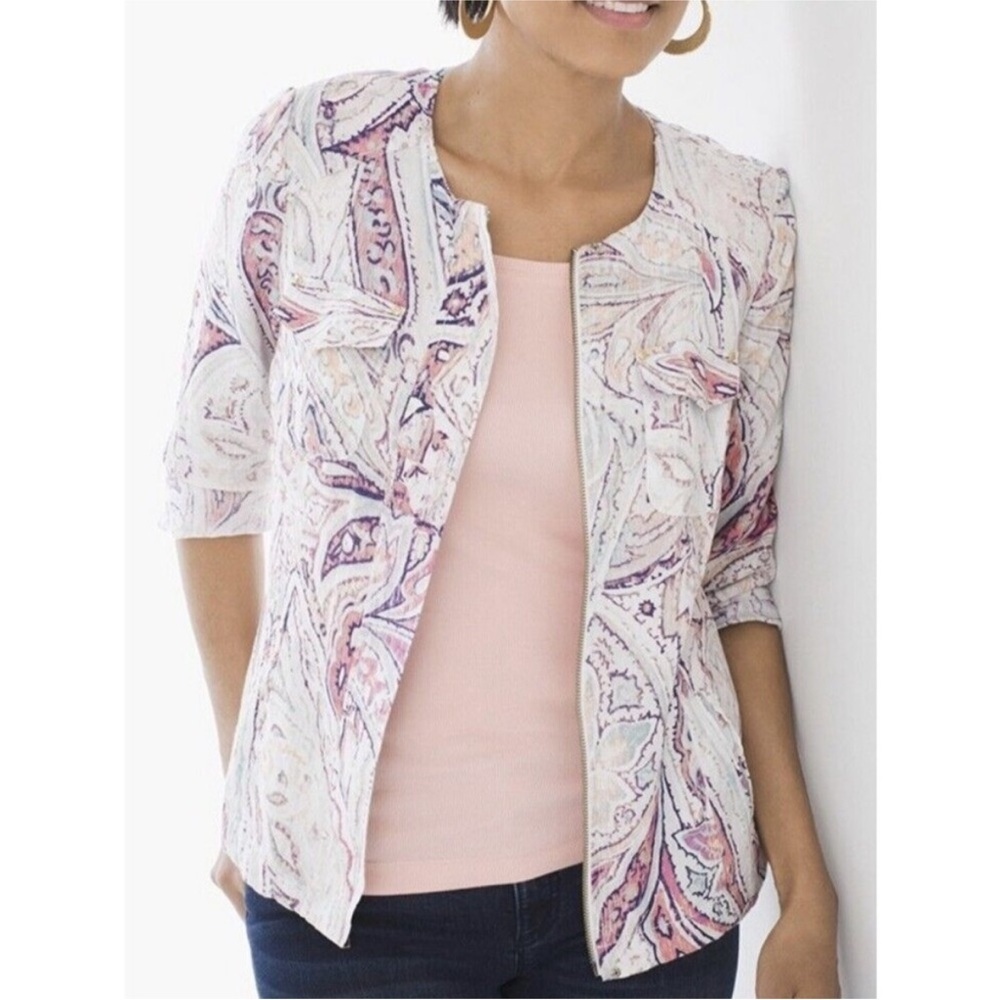 Chico's linen full zip blazer jacket paisley print pockets 3/4 sleeve NWOT XL